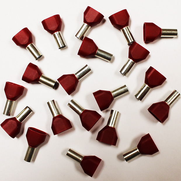 Wire Ferrule, Red, Twin, AWG 8X2, 12 mm Barrel, 100 per bag