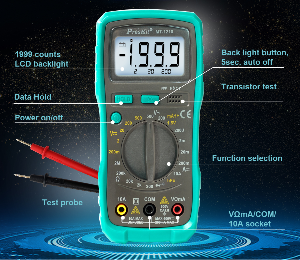 3-1/2 digits 1999 Counts Compact Digital Multimeter with Continuity, Diode, Transistor, Battery Tests