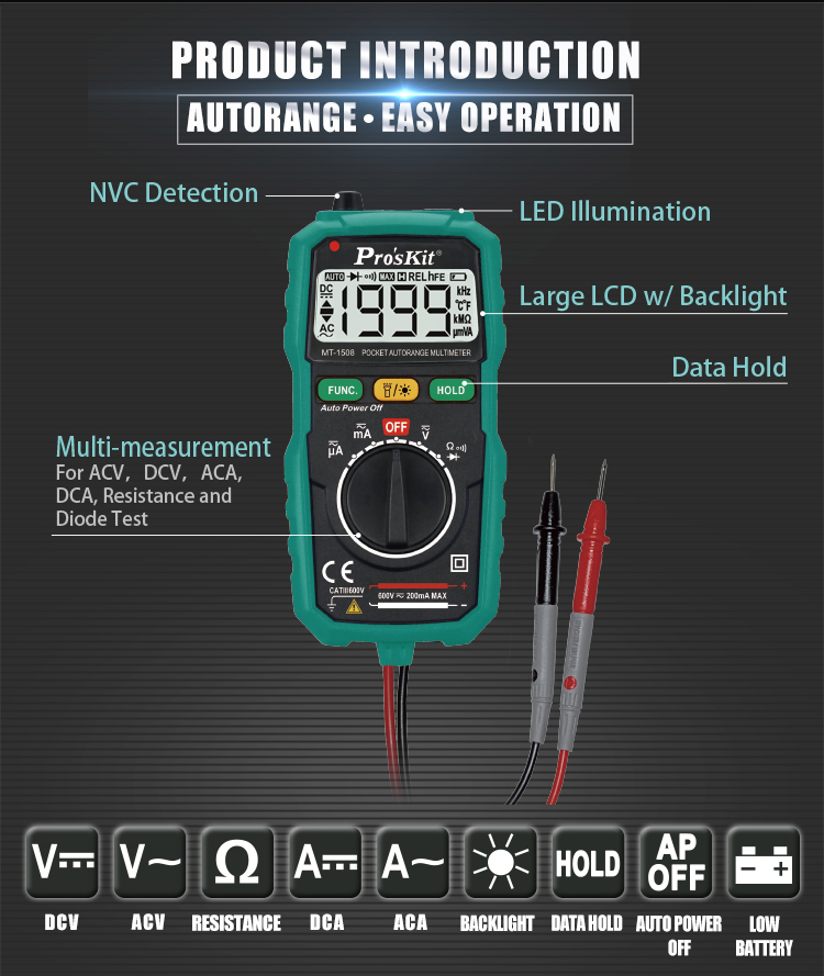 3-1/2 digits 1999 Counts Pocket Auto-range Multimeter with Built-in Leads and Resistance, Diode Tests