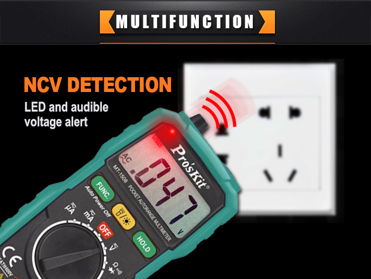 3-1/2 digits 1999 Counts Pocket Auto-range Multimeter with Built-in Leads and Resistance, Diode Tests