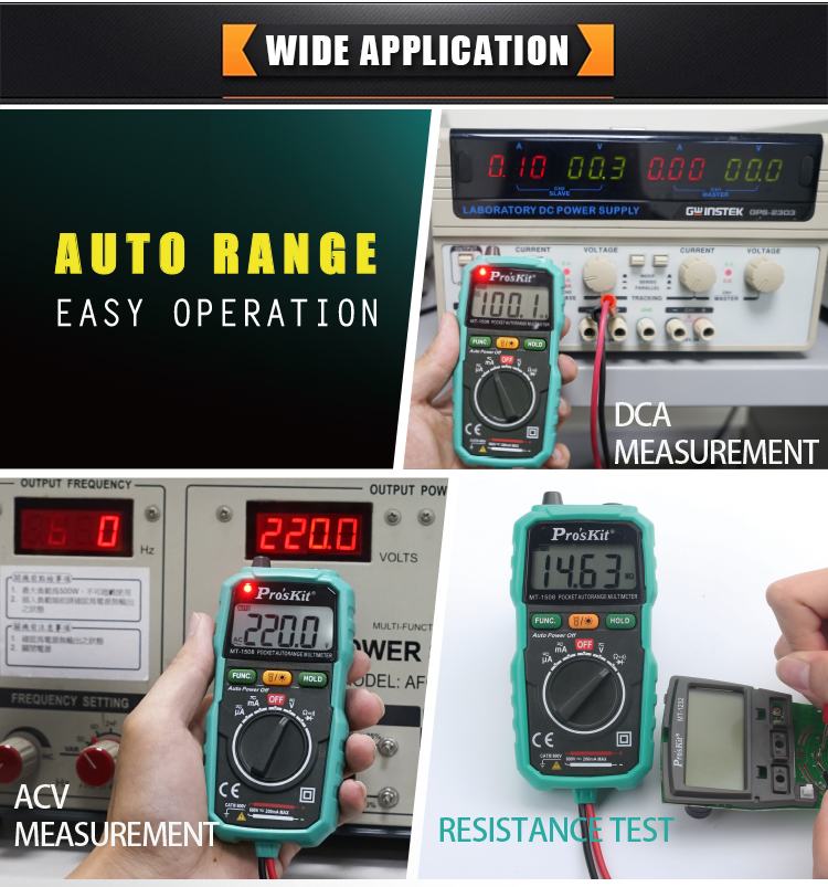 3-1/2 digits 1999 Counts Pocket Auto-range Multimeter with Built-in Leads and Resistance, Diode Tests