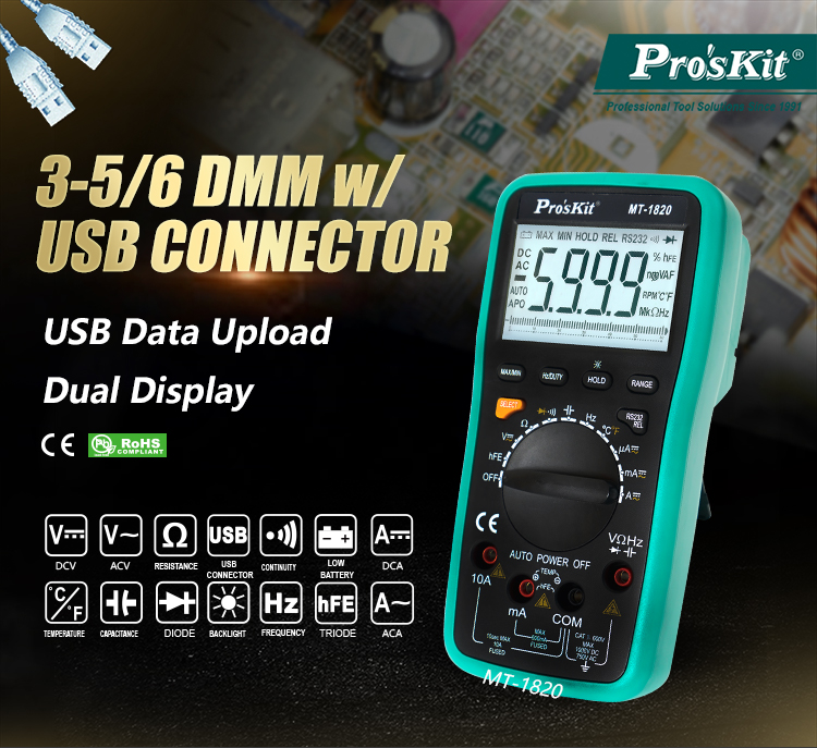3-5/6 digits 5999 Counts Dual Display Digital Multimeter with USB, Resistance, Frequency, Capacitance, Diode, Transistor Tests
