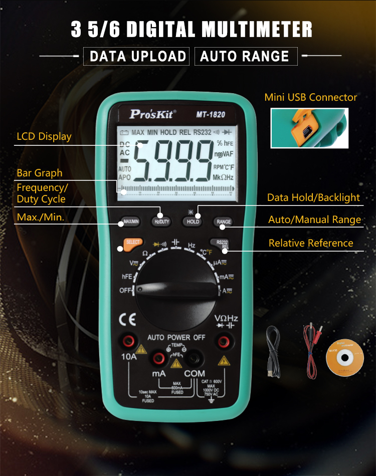 3-5/6 digits 5999 Counts Dual Display Digital Multimeter with USB, Resistance, Frequency, Capacitance, Diode, Transistor Tests