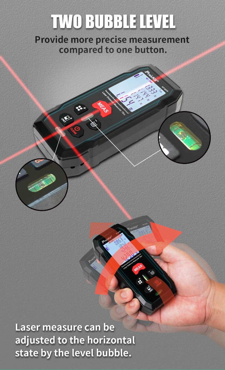 Laser Distance Measure with Lateral and Vertical Bubble Levels